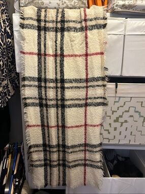Cream Plaid Fringe Scarf with Black and Red Check